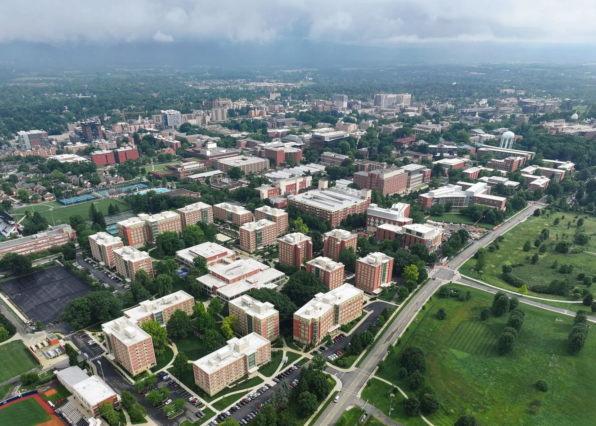 Aerial view of Penn State’s University Park campus and State College, Pennsylvania, a borough of 40,501 residents in Centre County.