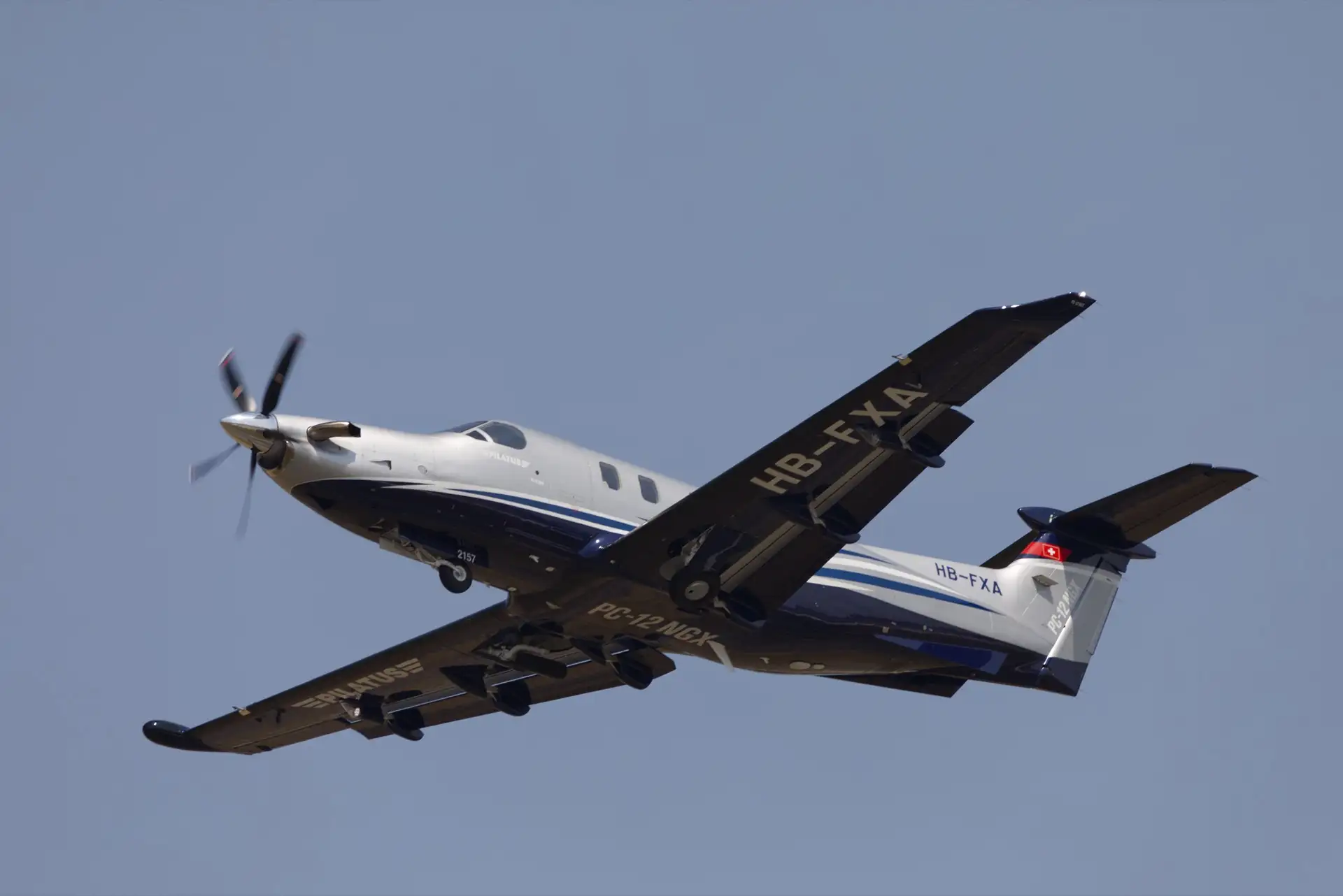 Pilatus PC-12 NGX turboprop climbing after takeoff