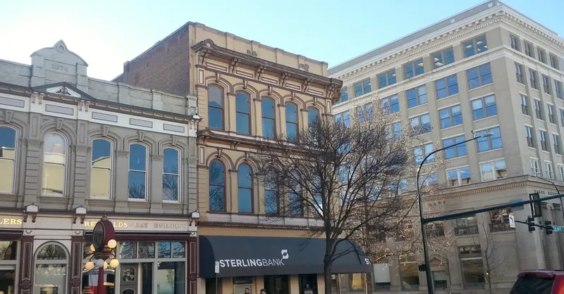 Day Reynolds Building, Sterling Bank and Baker Boyer Bank buildings in downtown Walla Walla, WA at Second and Main.
