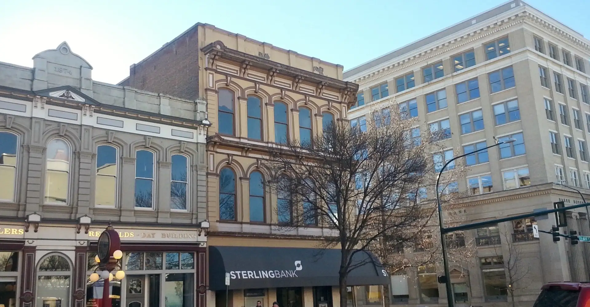 Day Reynolds Building, Sterling Bank and Baker Boyer Bank buildings in downtown Walla Walla, WA at Second and Main.
