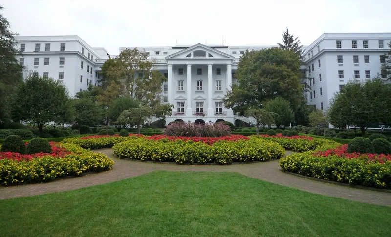 The iconic North Entrance of The Greenbrier in White Sulphur Springs, West Virginia.