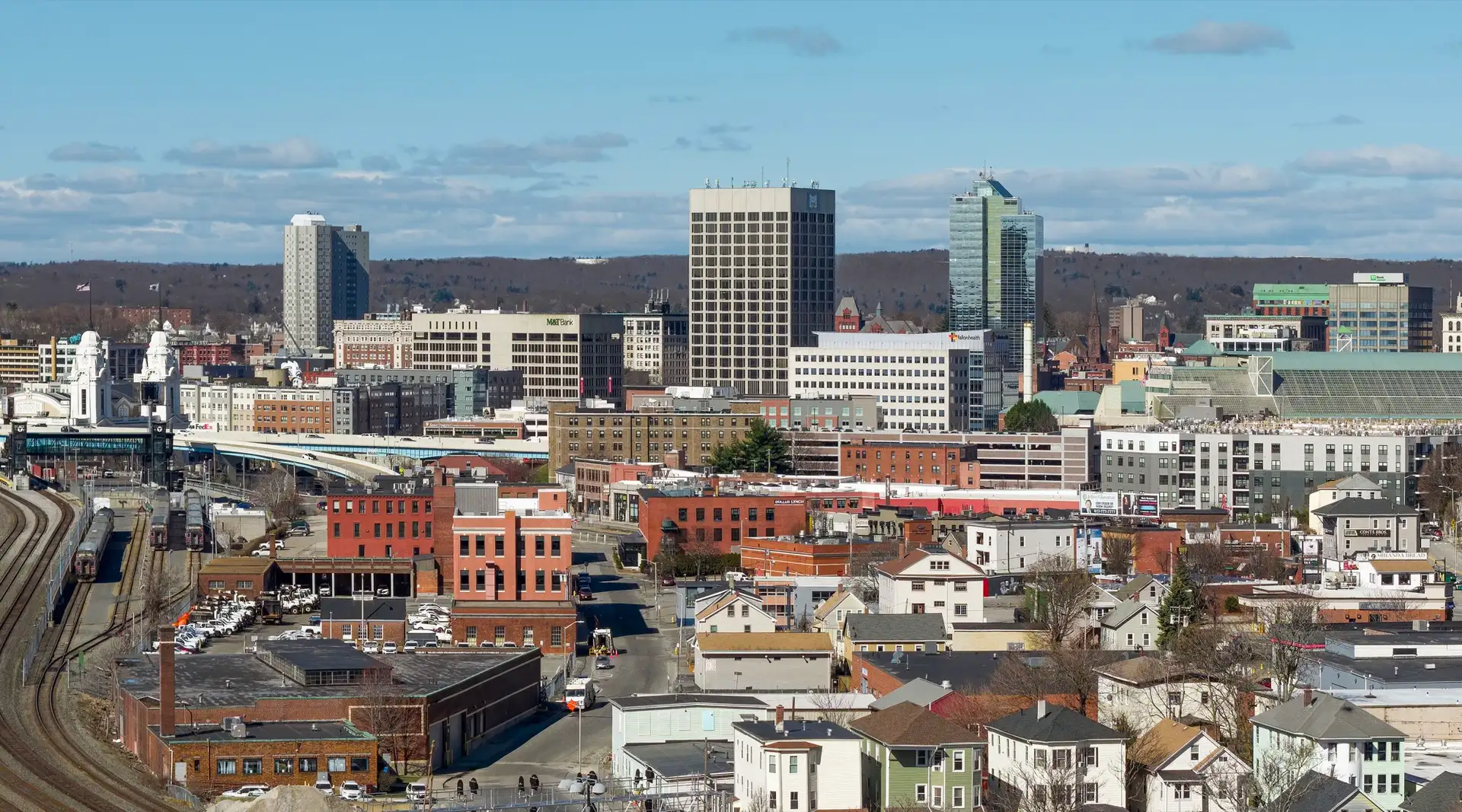 The skyline of Worcester, the 2nd-most populous city in Massachusetts and the 113th in the United States.